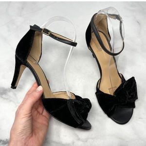 NEW Anthropologie Leather Velvet Knot Bow Ankle Strap Midi Sandal Heels Black